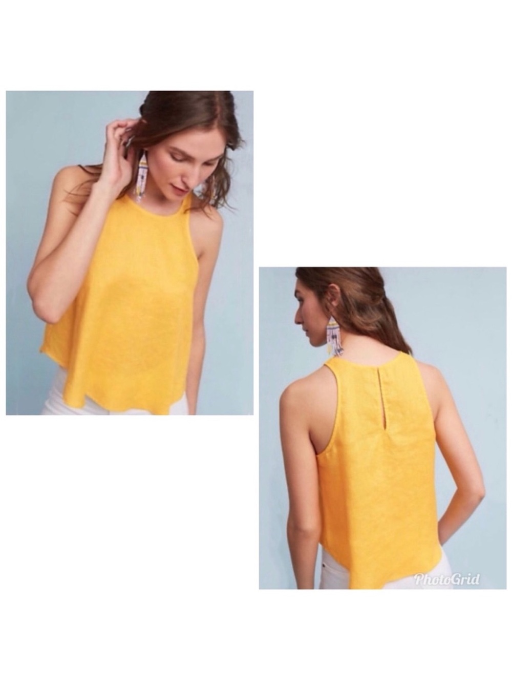Maeve Yellow Linen High-Neck Sleeveless Tank - Flowy Boho Summer - Size Small
